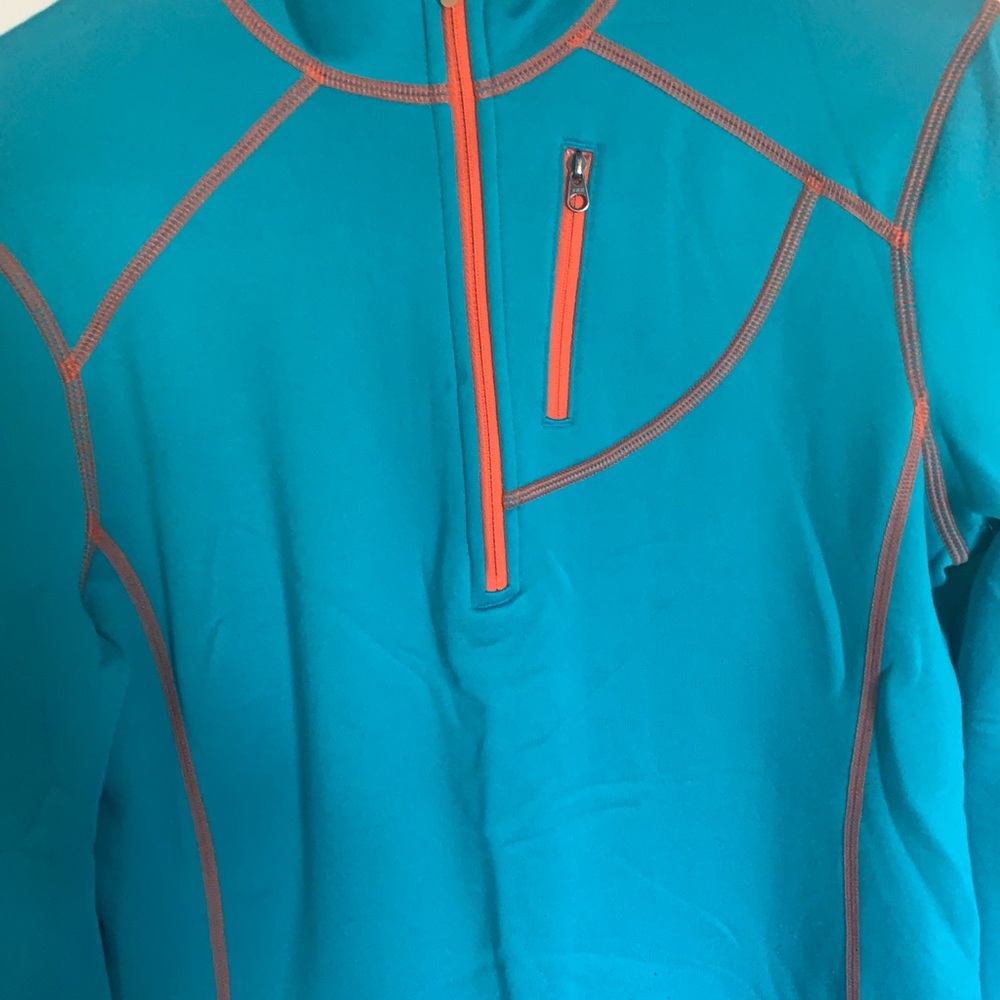 Marmot Teal Fleece with Orange Stitching Size M Vertical Zipped Pocket - Picture 10 of 12